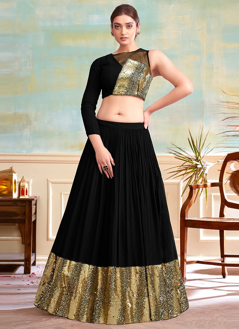 Black Faux Georgette Sequins Indo Western Skirt Sets Party Wear-IWSUSLI2397221