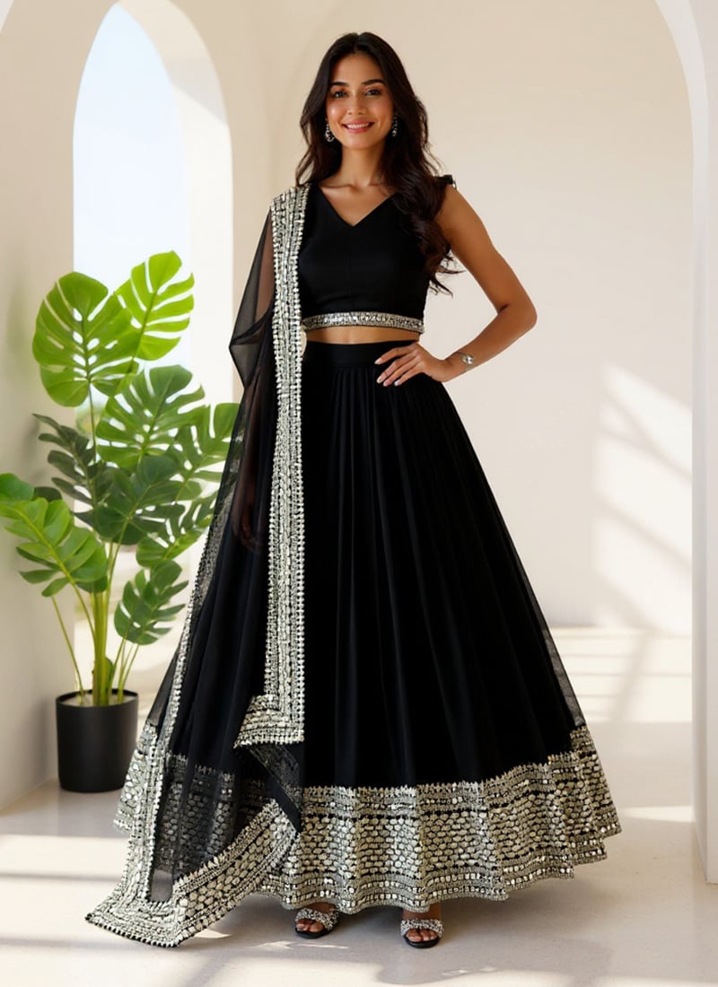 Black Faux Georgette Sequins Lehenga Wedding Wear