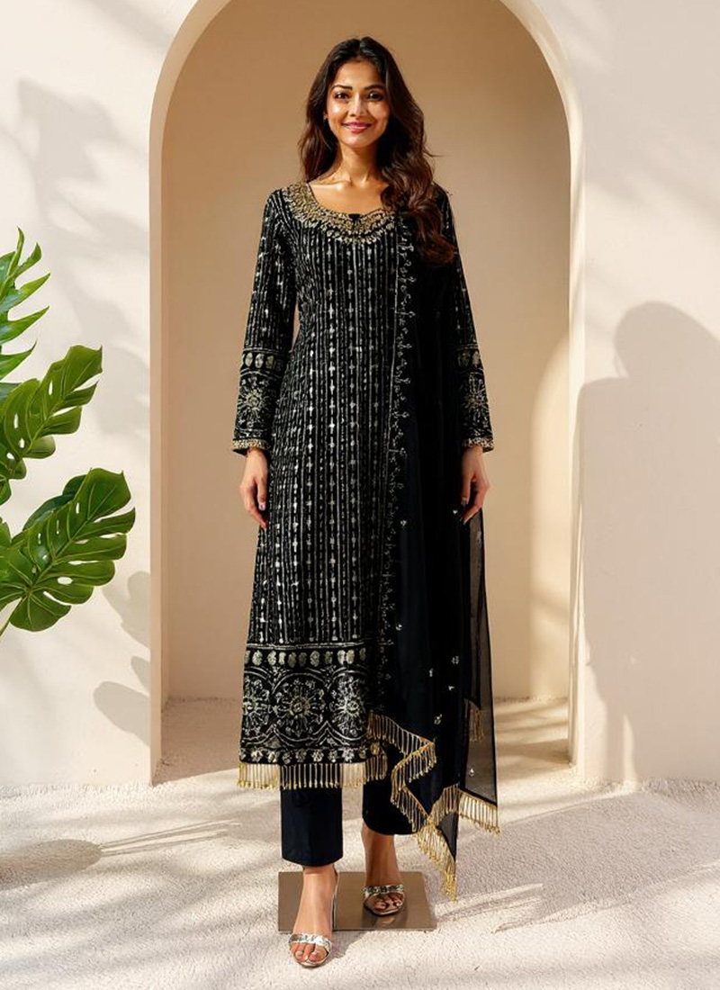 Black Faux Georgette Sequins Mirror Work Straight Pant Suit Festive Wear