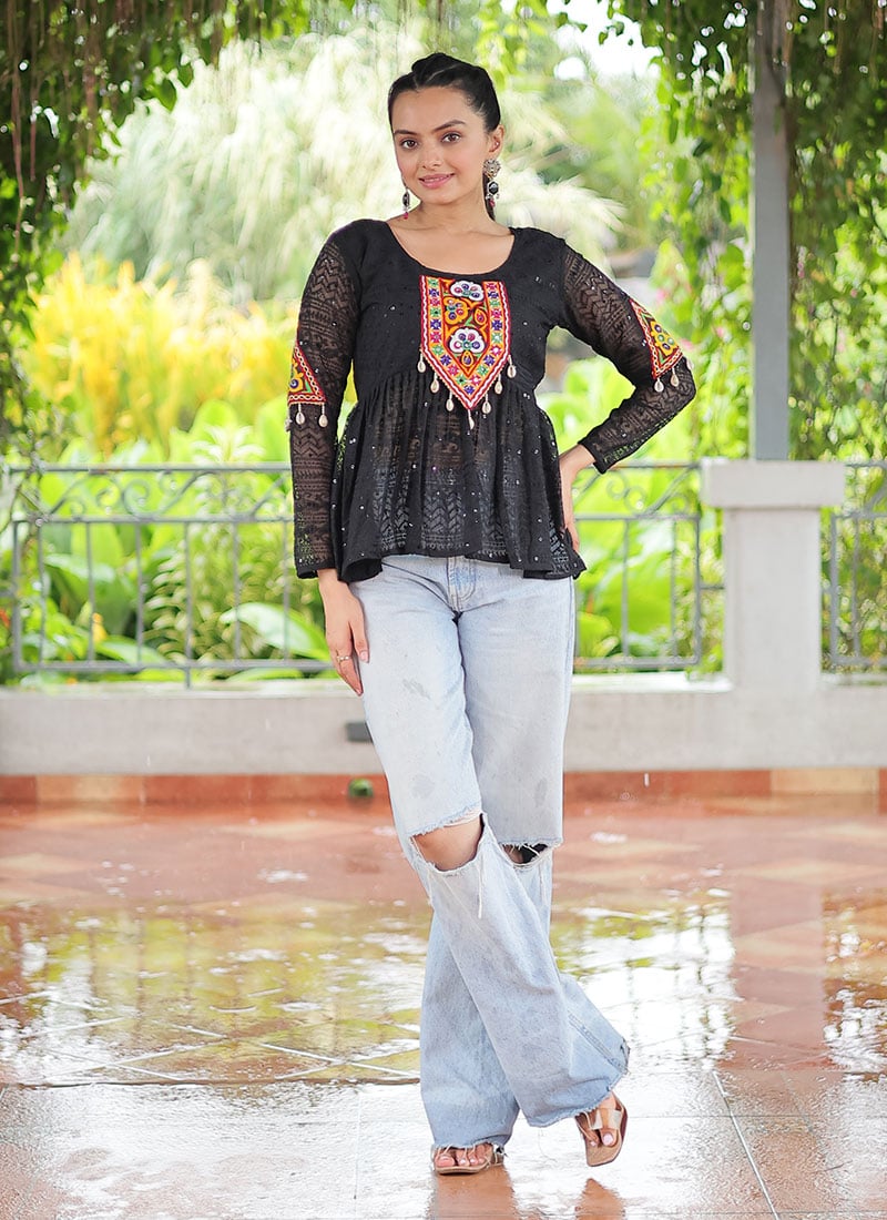 Black Faux Georgette Sequins Patch Work Peplum Top After Six Wear