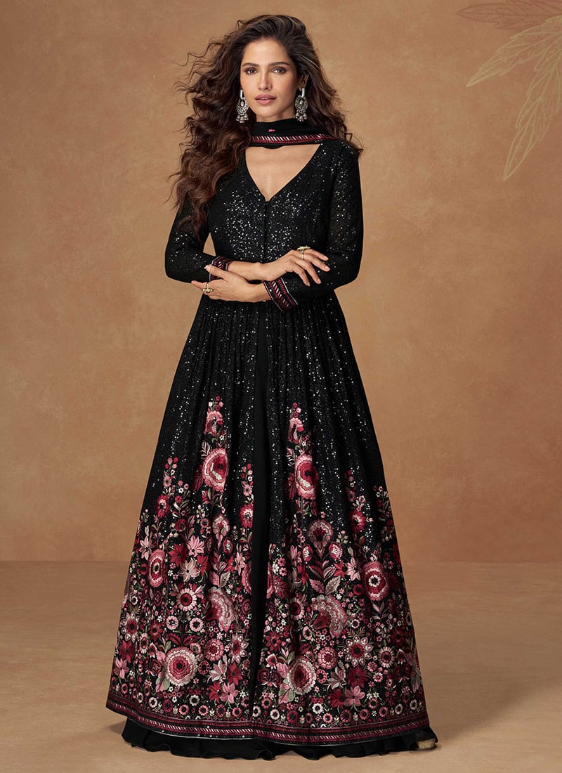 Black Faux Georgette Sequins Thread Embroidered A Line Lehenga Festive Wear