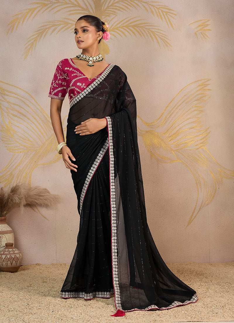 Black Faux Georgette Zari And Embroidered Sequins Saree Festive Wear