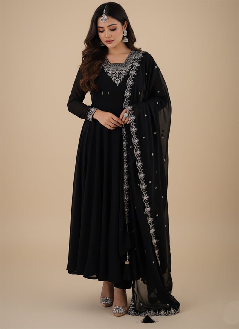 Black Faux Georgette Zari Embroidered Anarkali Suit After Six Wear