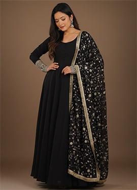 Black Faux Georgette Zari Embroidered Sequins Anarkali Suit