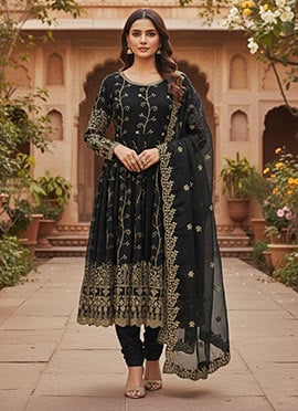 Black Faux Georgette Zari Embroidered Sequins Anarkali Suit