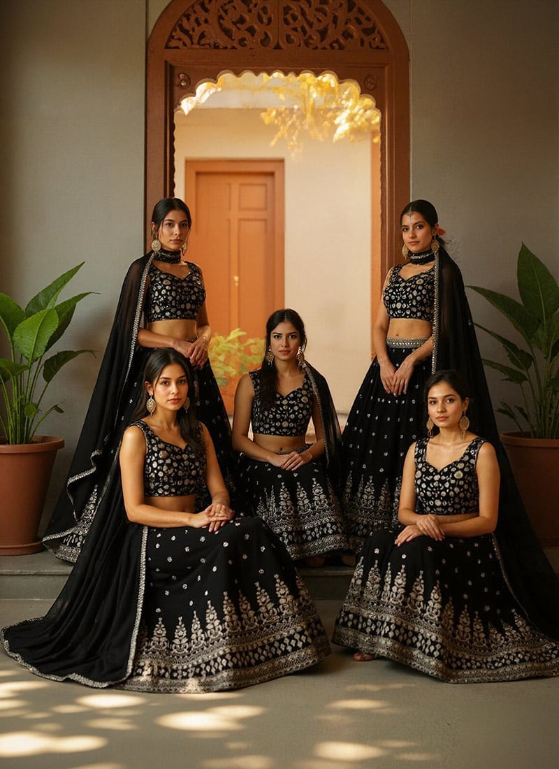 Black Faux Georgette Zari Embroidered Sequins Gorgeous Lehenga Wedding Wear