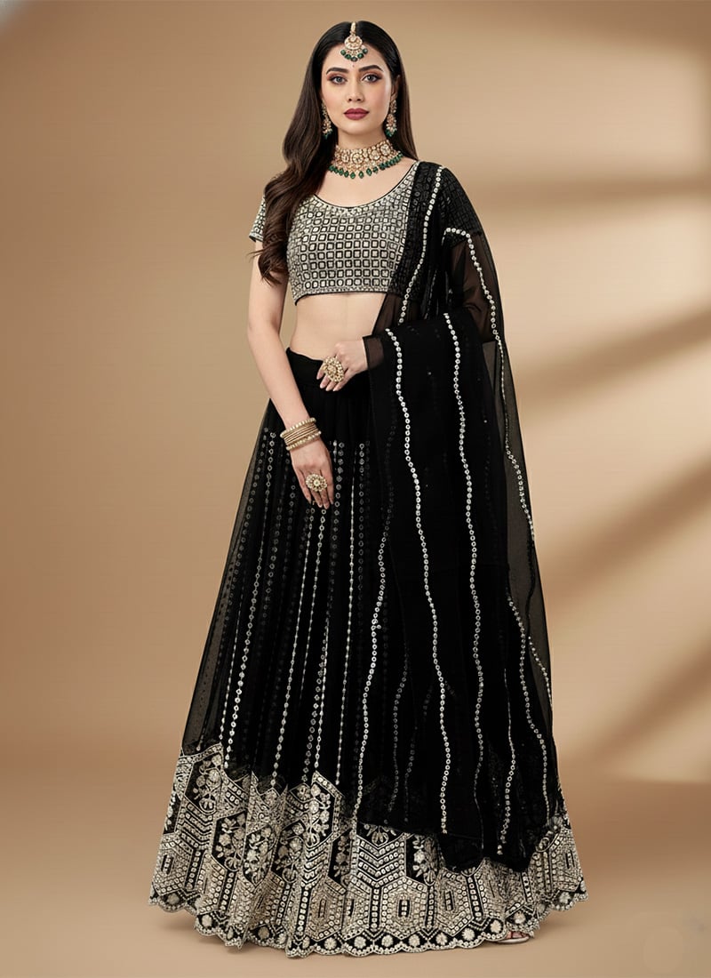 Black Faux Georgette Zari Embroidered Sequins Lehenga Festive Wear