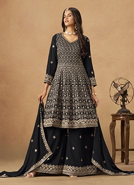 Black Faux Georgette Zari Embroidered Sequins Palazzo Suit