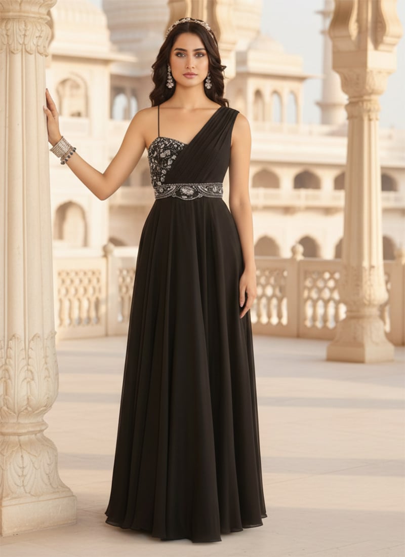 Black Faux Georgette Zari Sequins Anarkali Gown Wedding Wear