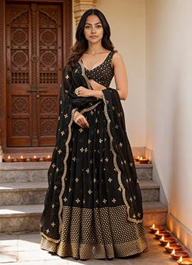 Black Faux Georgette Zari Sequins Embroidered A Line Lehenga