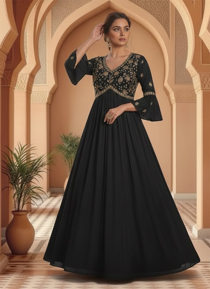 Black Faux Georgette Zari Sequins Gown After Six Wear