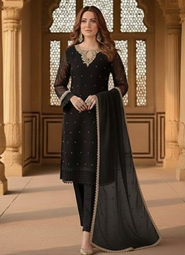 Black Faux Georgette Zari Sequins Straight Pant Suit