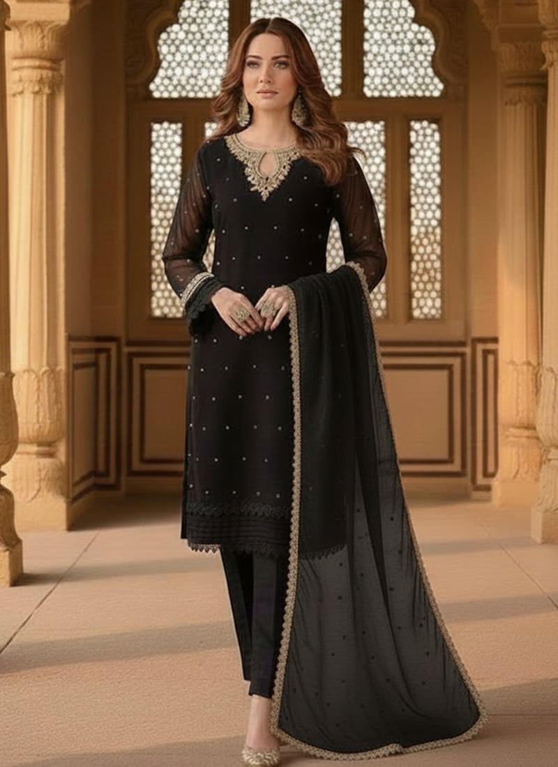 Black Faux Georgette Zari Sequins Straight Pant Suit Festive Wear