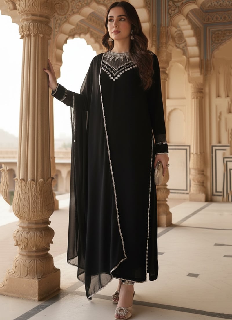 Black Faux Georgette Zari Stones Straight Pant Suit Festive Wear