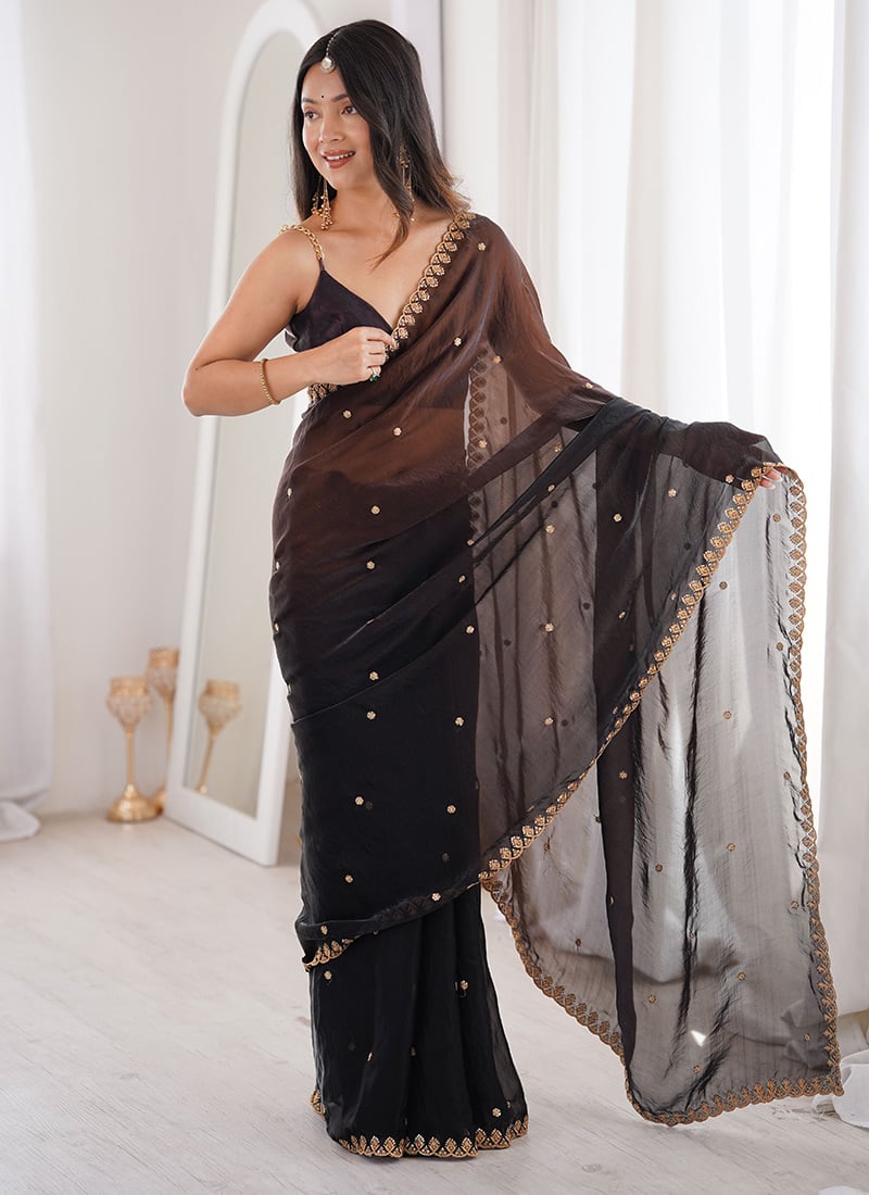 Black Fendi Satin Embroidered Sequins Saree After Six Wear