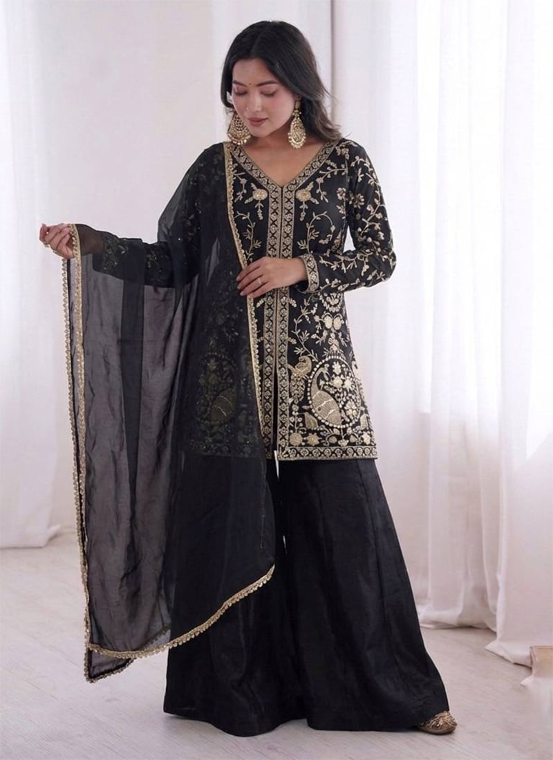 Black Fendy Silk Embroidered Sequins Palazzo Suit Festive Wear