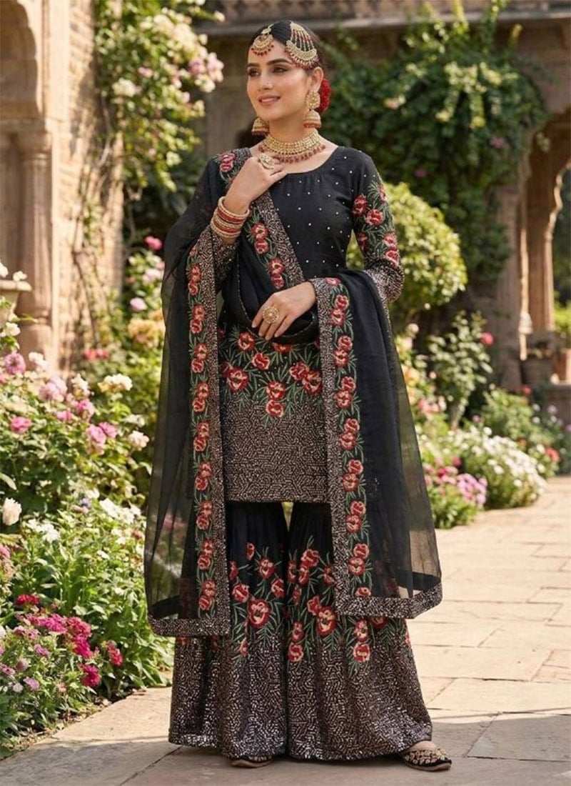 Black Fendy Silk Sequins Embroidered Sharara Suit Set Festive Wear