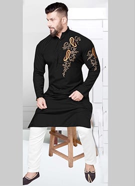 Black Fine Cotton Embroidered Kurta Pyjama
