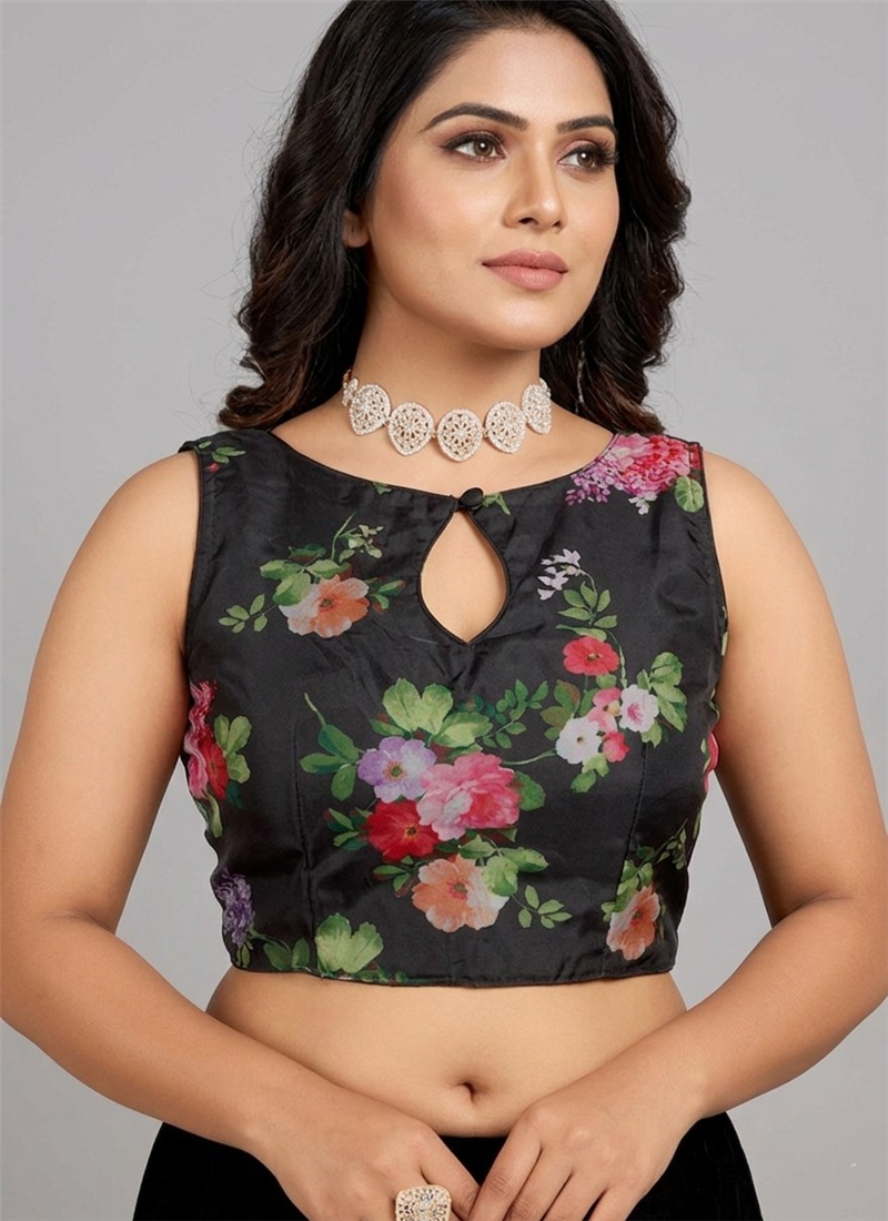 Black Floral Organza Stretchable Blouse Festive Wear