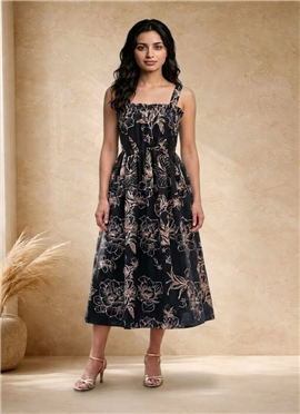 Black Floral Printed Cotton Midi Dress