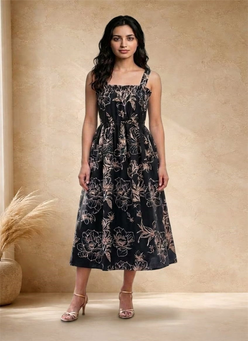 Black Floral Printed Cotton Midi Dress After Six Wear