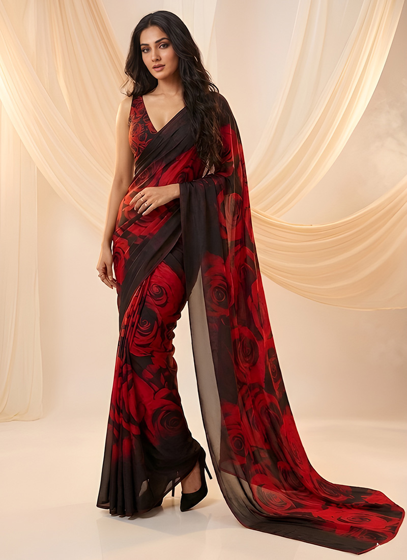 Black Floral Printed Fendy Chiffon Saree Festive Wear