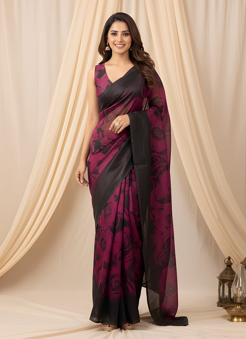 Black Floral Printed Fendy Chiffon Saree Festive Wear