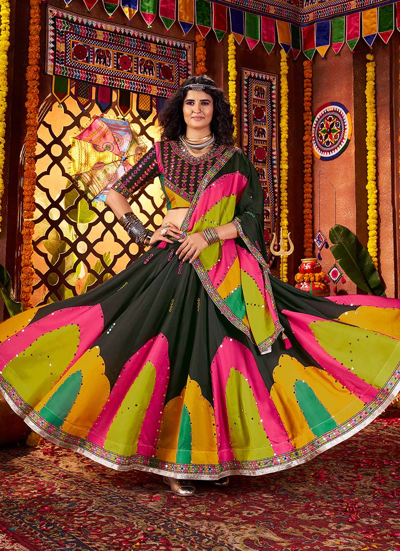 Black Gajji Silk Kutch Work And Printed Chaniya Choli Festive Wear