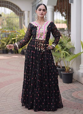 Black Georgette Bandhini Printed Kutchi Patch Work Navratri Gown