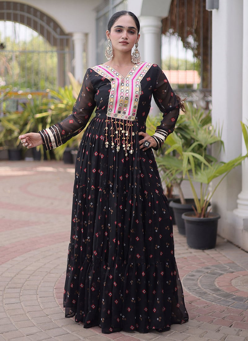 Black Georgette Bandhini Printed Kutchi Patch Work Navratri Gown Festive Wear