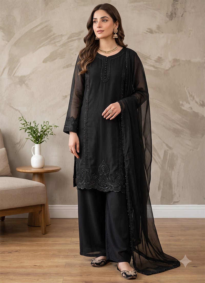 Black Georgette Beads Embroidered Palazzo Suit After Six Wear