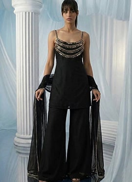 Black Georgette Beads Hand Embroidered Palazzo Suit
