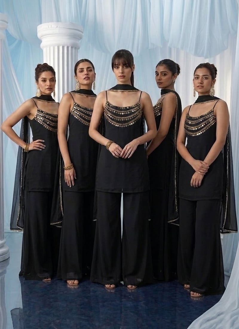 Black Georgette Beads Hand Embroidered Palazzo Suit Wedding Wear