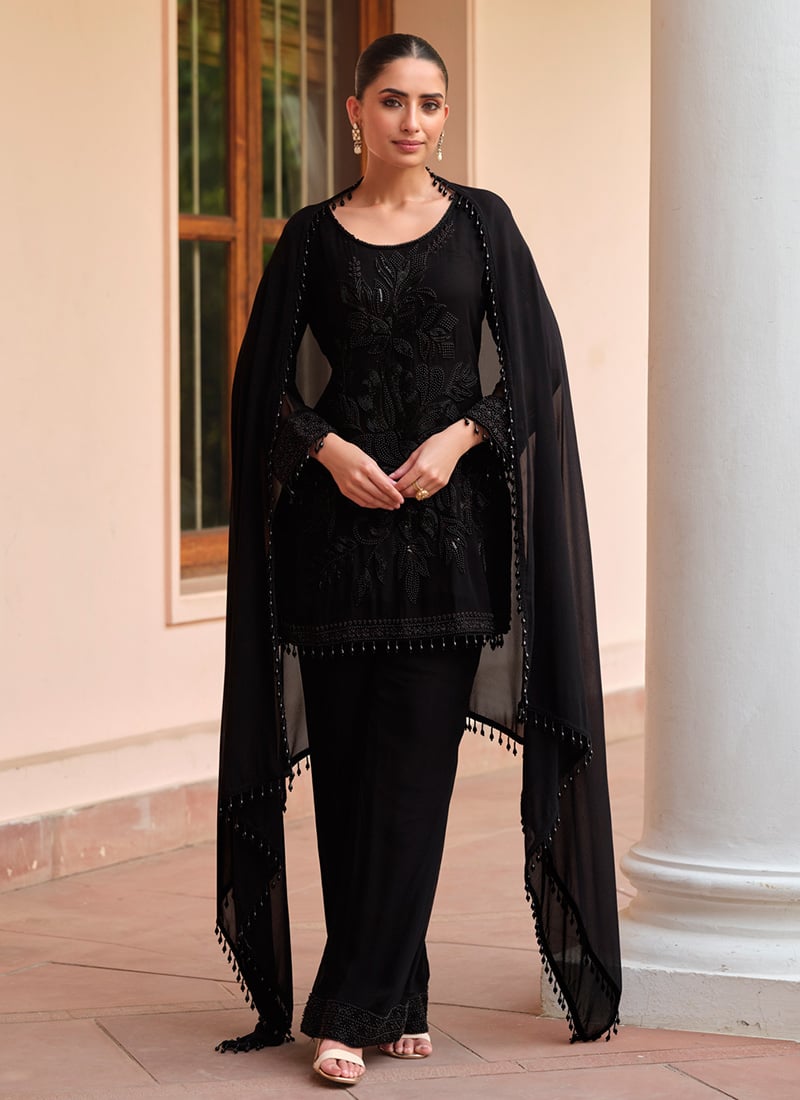 Black Georgette Beads Sequins Straight Pant Suit Festive Wear