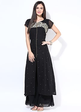 Black Georgette Center Slit Palazzo Suit