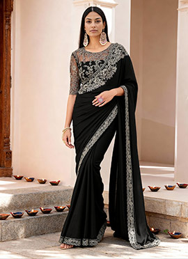 Black Georgette Chiffon Saree Featuring Exquisite Zari Embroidery Sequins
