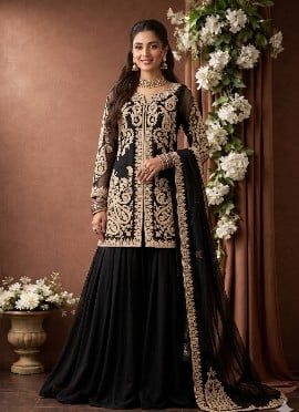 Black Georgette Cross Stitch Embroidered Palazzo Suit