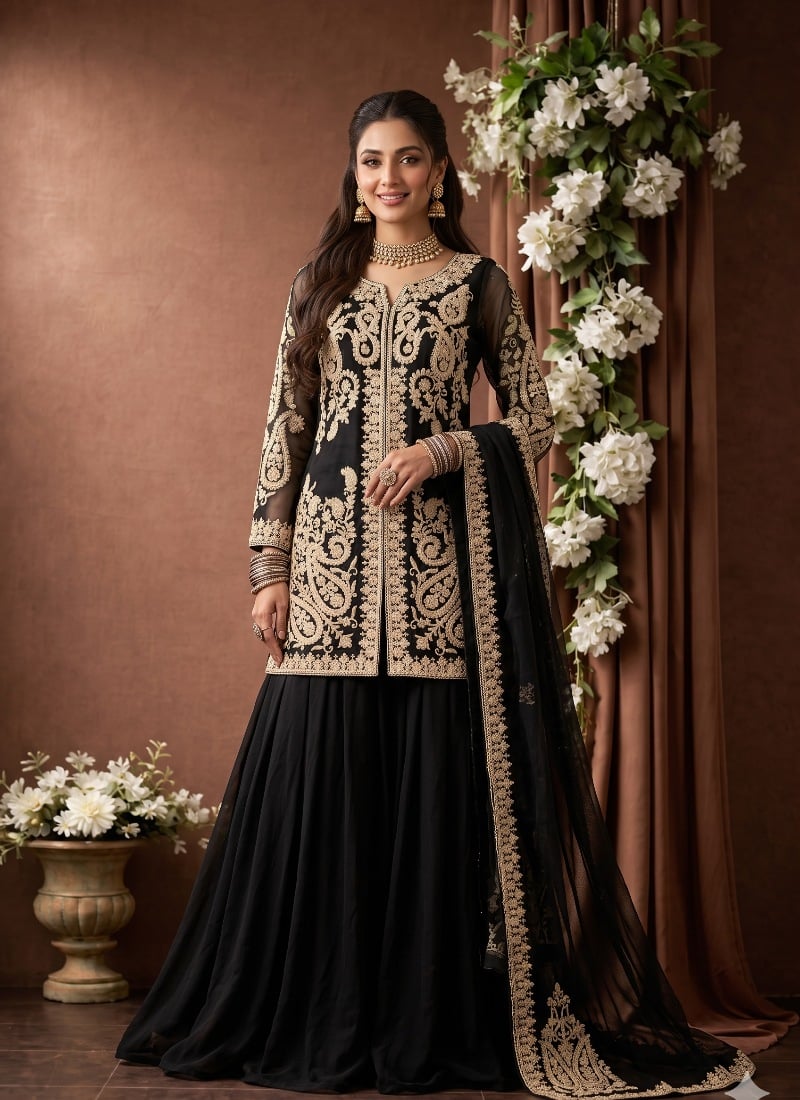 Black Georgette Cross Stitch Embroidered Palazzo Suit After Six Wear