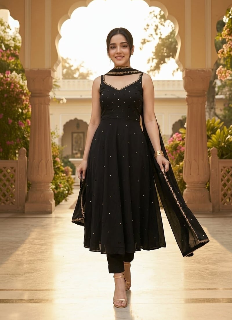 Black Georgette Cutdana Sequins Anarkali Suit Festive Wear