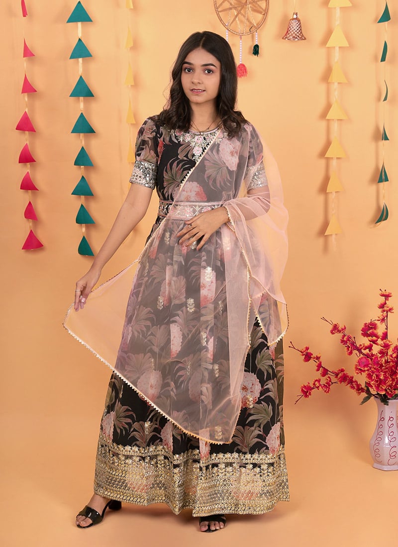 Black Georgette Digital Print Embroidered Sequins Kids Girls Anarkali Suit Festive Wear