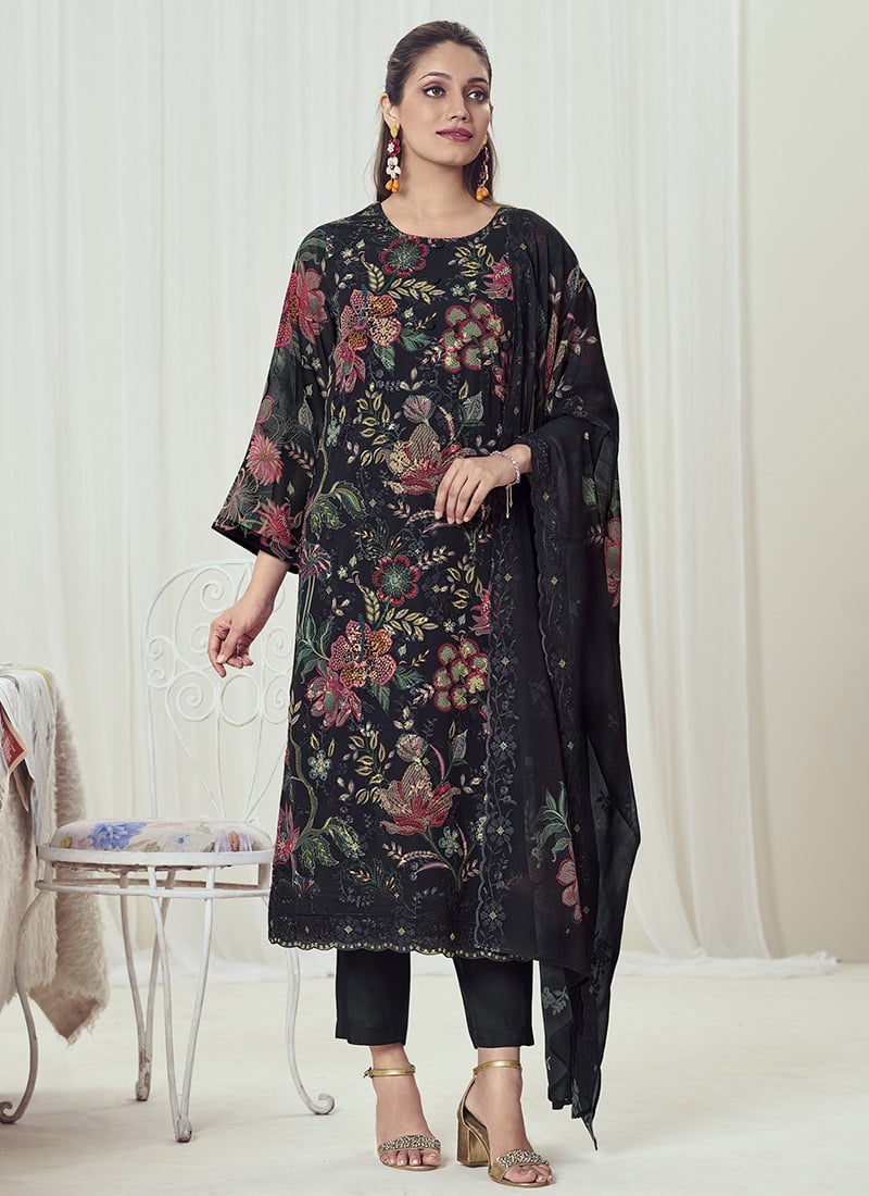 Black Georgette Digital Print Embroidered Sequins Straight Pant Suit After Six Wear