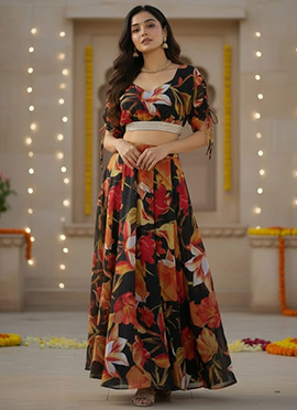 Black Georgette Digital Print Indowestern Set and Suit