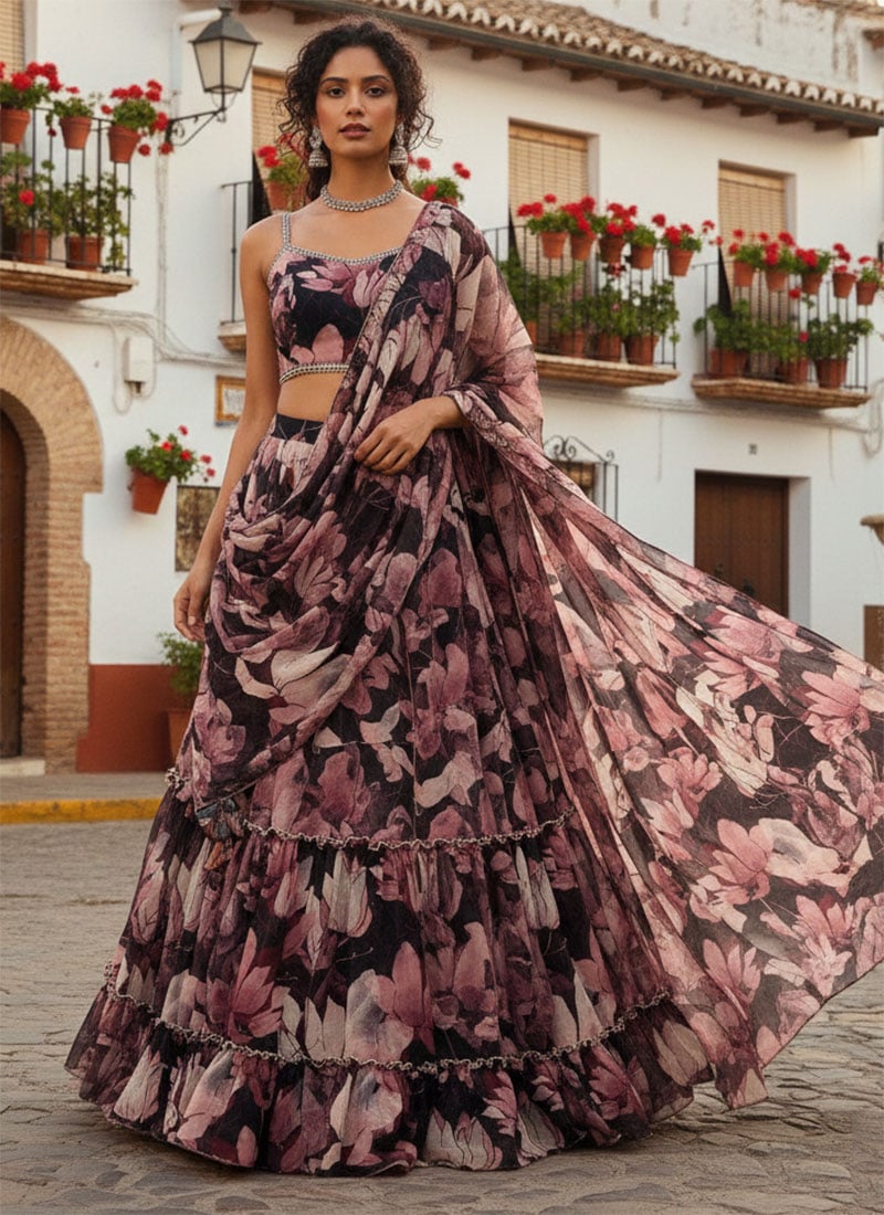 Black Georgette Digital Print Lehenga After Six Wear