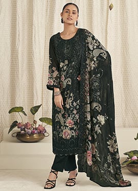 Black Georgette Digital Print Straight Pant Suit