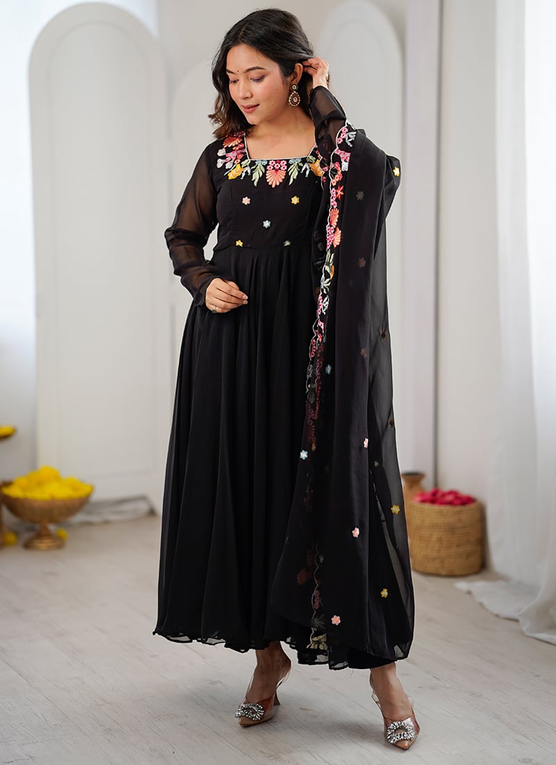 Black Georgette Embroidered Anarkali Suit After Six Wear