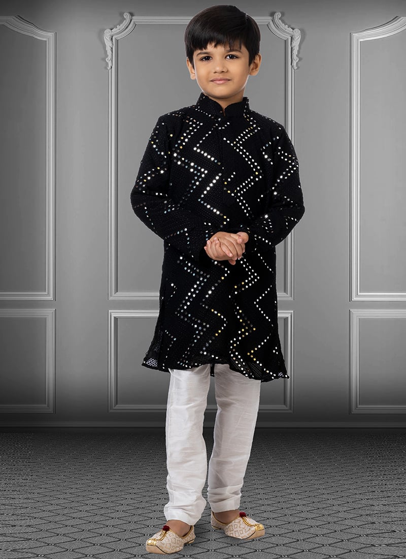 Black Georgette Embroidered Boys Kurta Pyjama  Party Wear