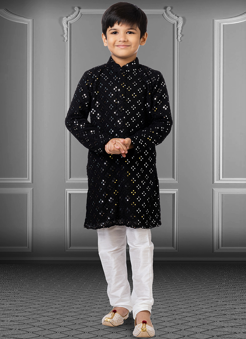 Black Georgette Embroidered Boys Kurta Pyjama Party Wear