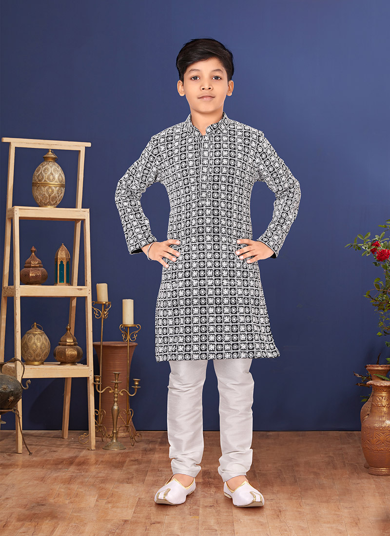 Black Georgette Embroidered Boys Kurta Pyjama