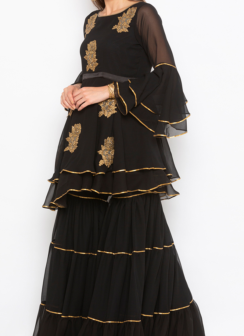 Gold Tonal Embroidered Kurta and Sharara Set