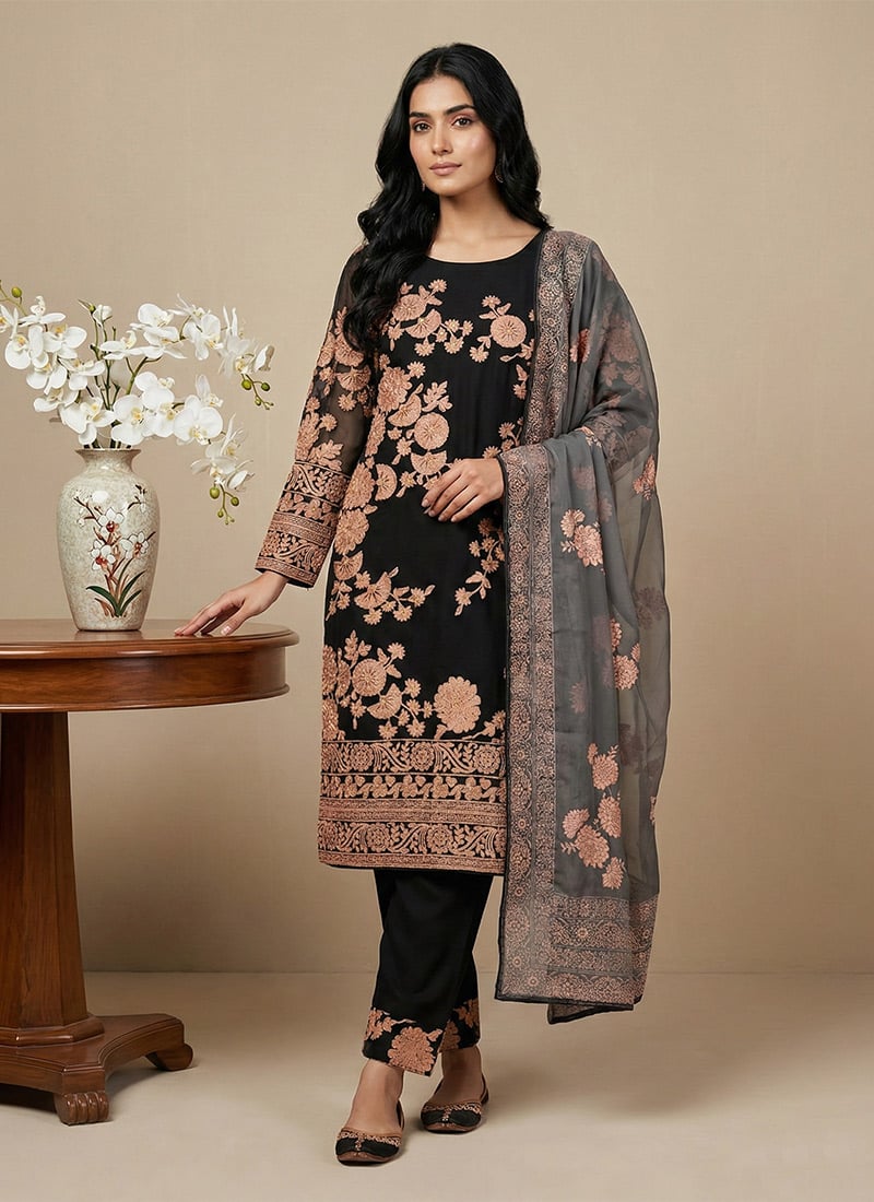 Black Georgette Embroidered Moti Straight Pant Suit Festive Wear